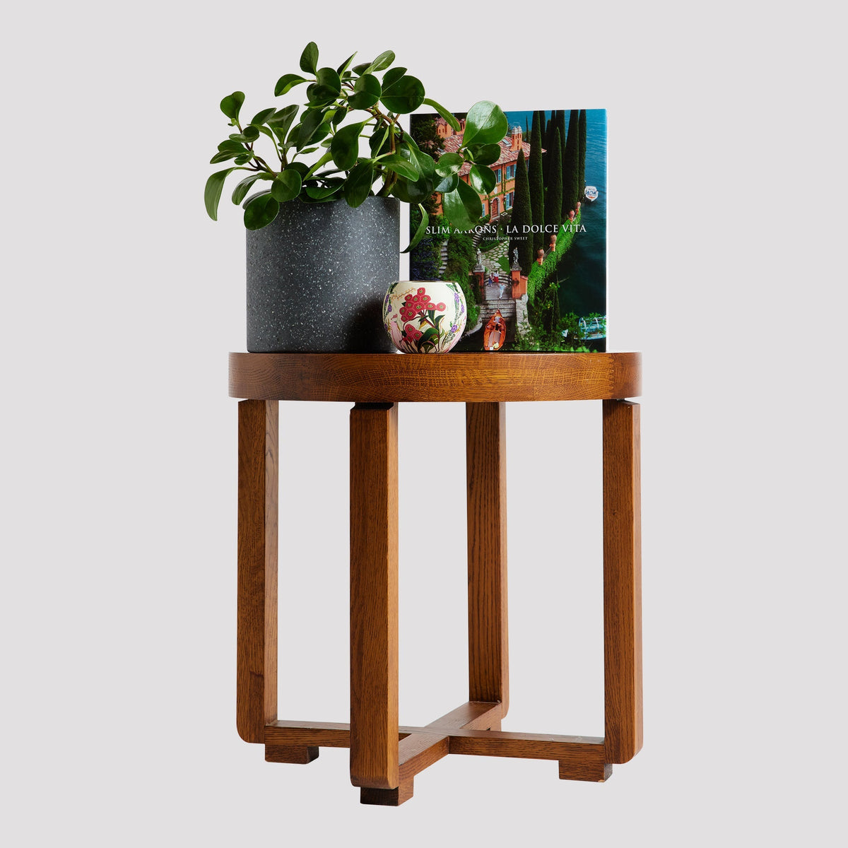 Baby Rubber Plant in a dark pot beside books on a wooden stand